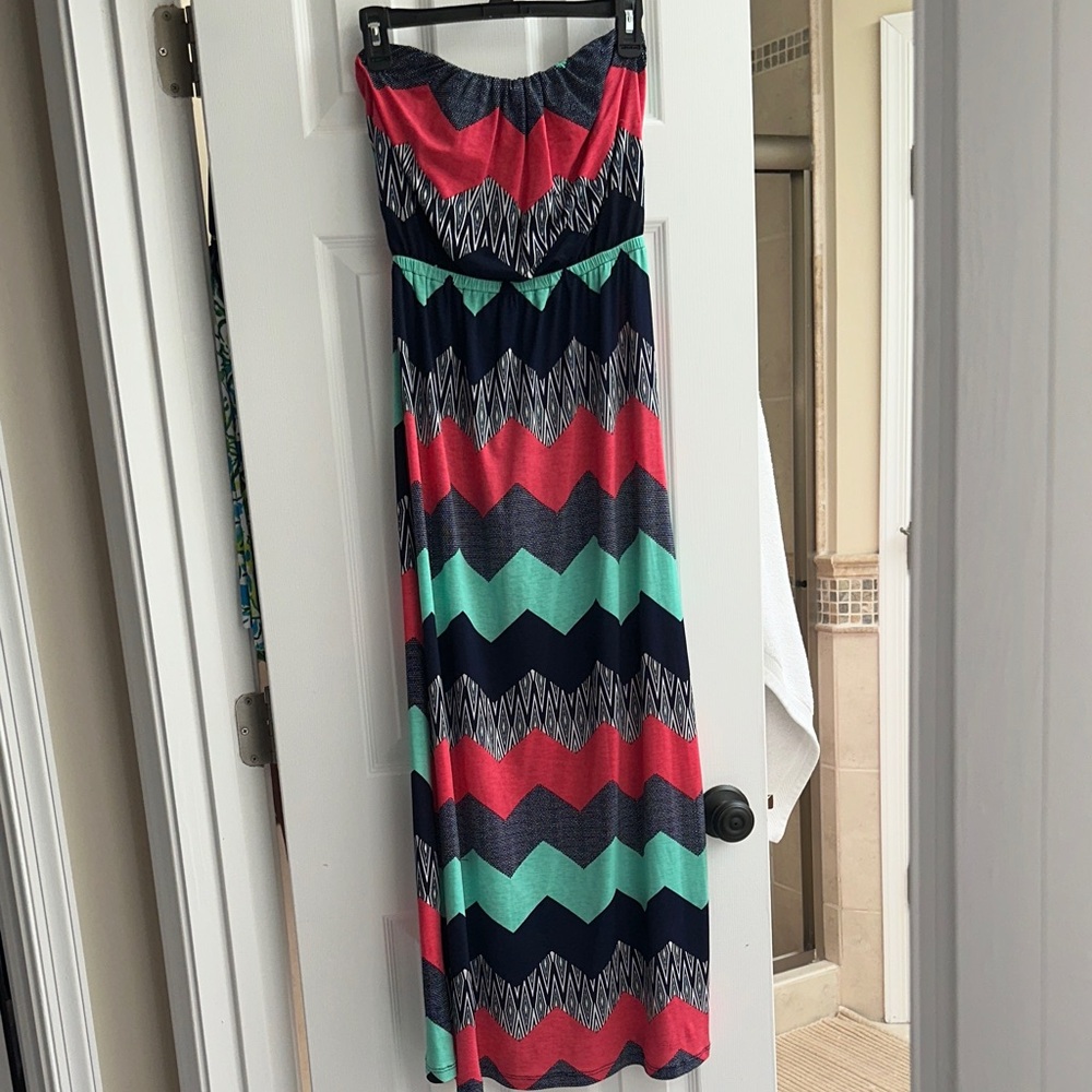 Strapless Chevron Maxi Dress in Coral, Navy & Mint